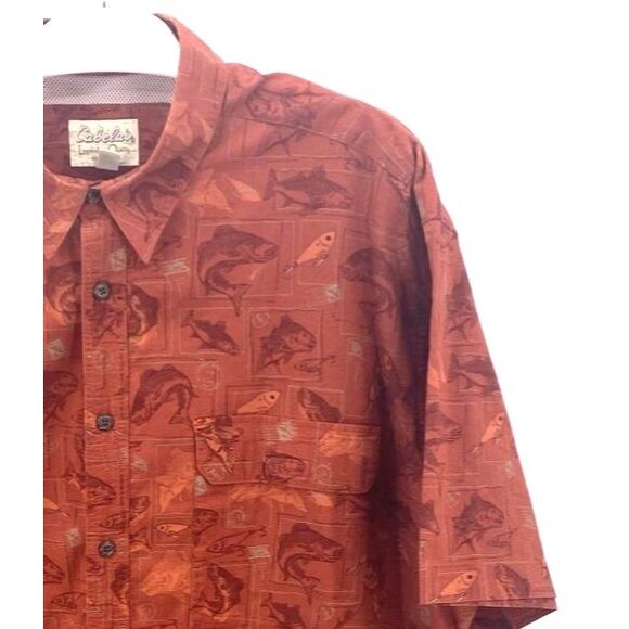 Cabelas Fishing Shirt Mens 2XL Rust Fish Print Vented Short Sleeves EUC - Picture 2 of 12
